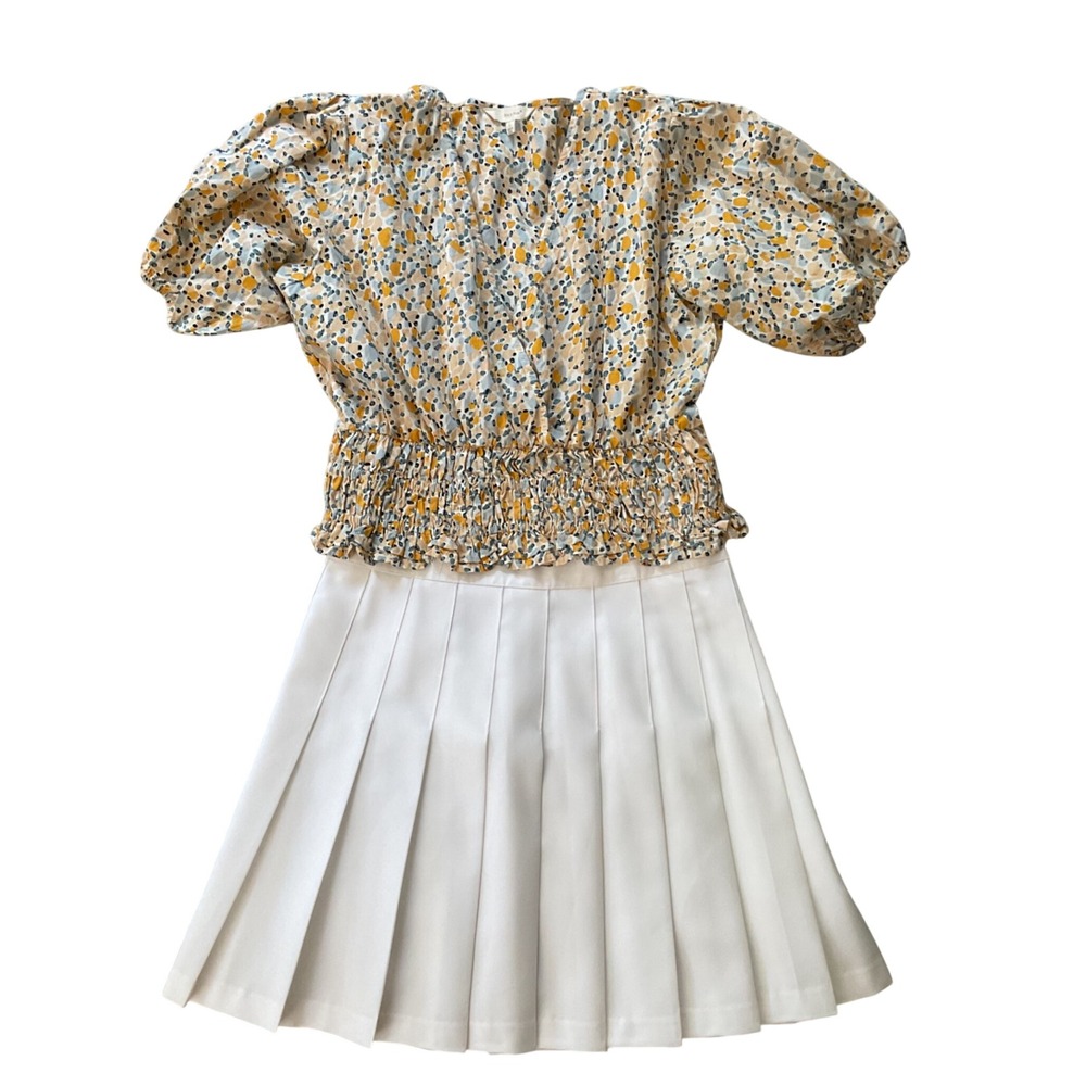 Sim‎ & Sam Womens Abstract Pebble Print Smocked Waist Puff Sleeve Top Yellow L